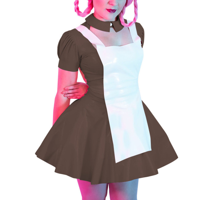 Women Sexy Faux Latex French Maid Dress Cosplay Halloween Sweet Lolita Costume A-line Mini Dress Waitress Clubwear Maidservant