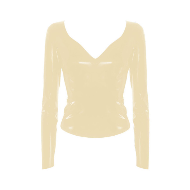 New Women V Neck Bodycon Long Sleeve Shirt Lady Stretch Slim Party Elegant Costume Patent Leather Clubwear Shiny PVC Streetwear