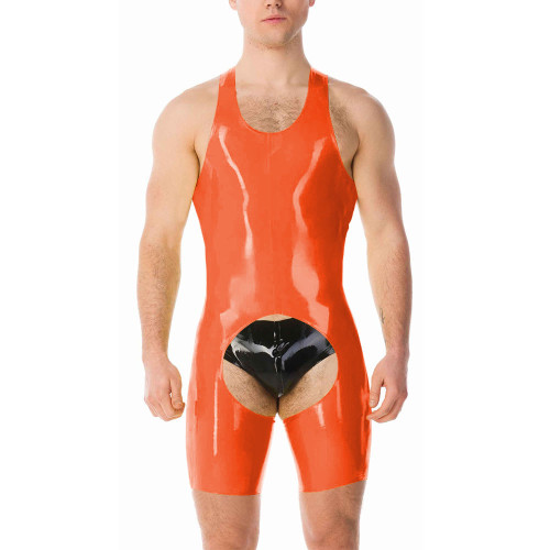 Men Sexy Leather Jumpsuit One Piece Sleepwear Open Crotch Glossy Smooth Tights Sleeveless Lingerie Solid Color Stretchy Bodysuit
