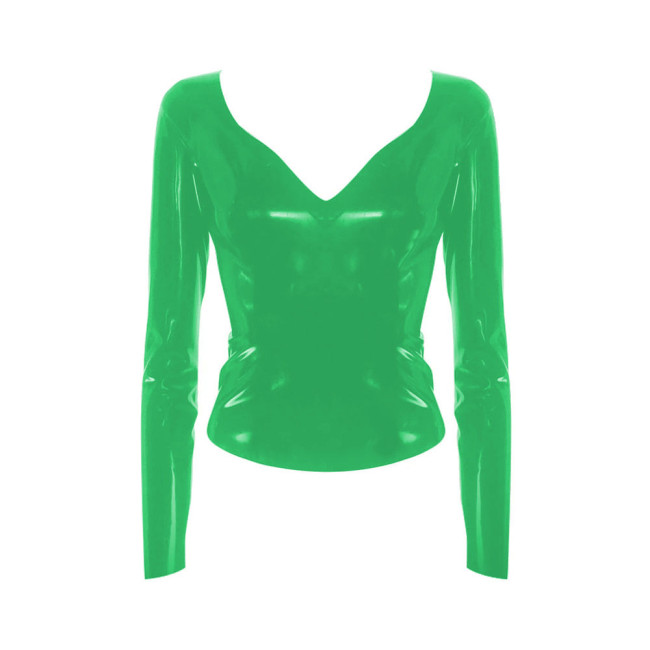 New Women V Neck Bodycon Long Sleeve Shirt Lady Stretch Slim Party Elegant Costume Patent Leather Clubwear Shiny PVC Streetwear