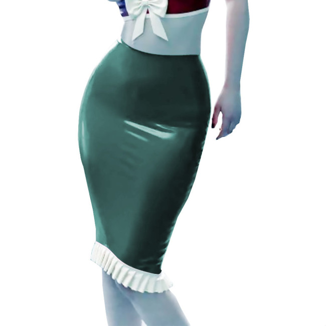 Office Lady Midi Skirt PVC Patent Leather Skinny Pencil Ruffled Skirts Sexy High Waist Women Bodycon Clubwear Streetwear Female