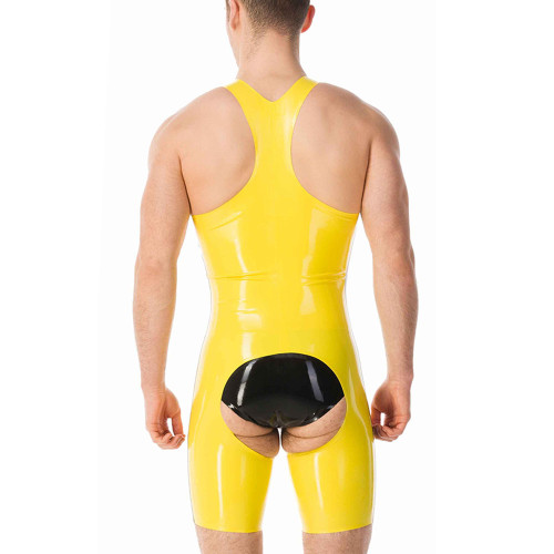 Men Sexy Leather Jumpsuit One Piece Sleepwear Open Crotch Glossy Smooth Tights Sleeveless Lingerie Solid Color Stretchy Bodysuit
