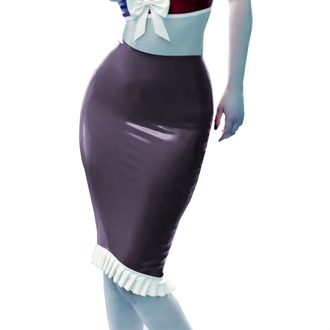 Office Lady Midi Skirt PVC Patent Leather Skinny Pencil Ruffled Skirts Sexy High Waist Women Bodycon Clubwear Streetwear Female