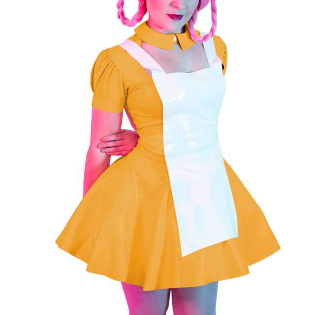 Women Sexy Faux Latex French Maid Dress Cosplay Halloween Sweet Lolita Costume A-line Mini Dress Waitress Clubwear Maidservant