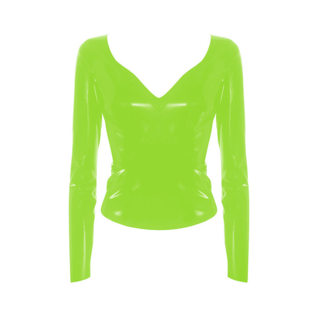 New Women V Neck Bodycon Long Sleeve Shirt Lady Stretch Slim Party Elegant Costume Patent Leather Clubwear Shiny PVC Streetwear