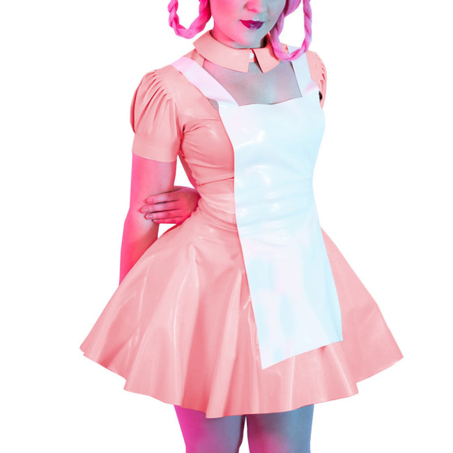 Women Sexy Faux Latex French Maid Dress Cosplay Halloween Sweet Lolita Costume A-line Mini Dress Waitress Clubwear Maidservant