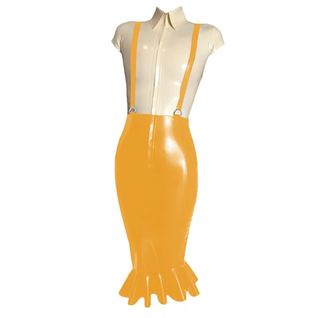 Elegant Women Knee-length Wrap PVC Shiny Skirt Fashion Strap Suspender Bodycon Fishtail Skirts Ladies Slim Fit Mermaid Skirts