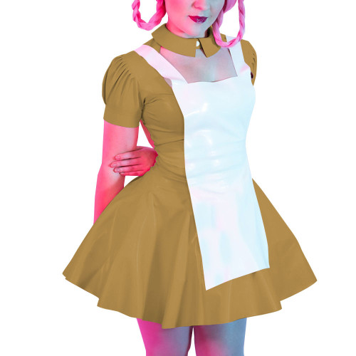 Women Sexy Faux Latex French Maid Dress Cosplay Halloween Sweet Lolita Costume A-line Mini Dress Waitress Clubwear Maidservant