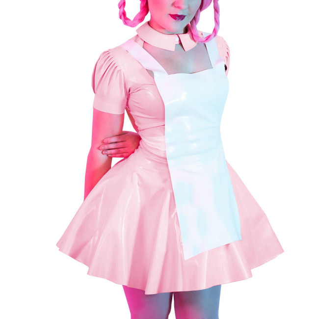 Women Sexy Faux Latex French Maid Dress Cosplay Halloween Sweet Lolita Costume A-line Mini Dress Waitress Clubwear Maidservant