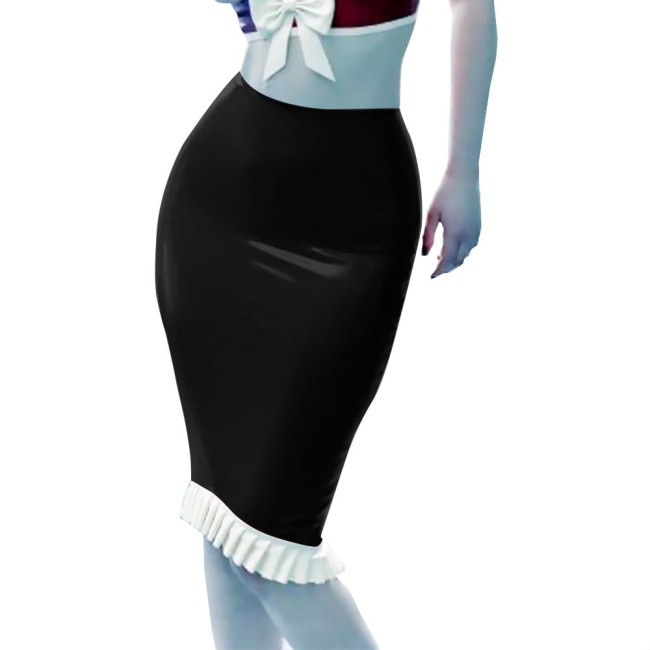 Office Lady Midi Skirt PVC Patent Leather Skinny Pencil Ruffled Skirts Sexy High Waist Women Bodycon Clubwear Streetwear Female
