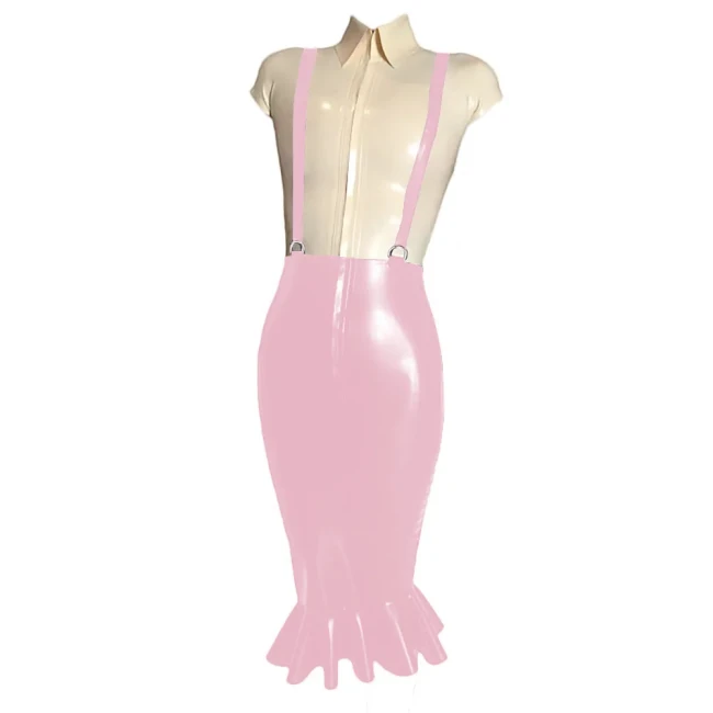 Elegant Women Knee-length Wrap PVC Shiny Skirt Fashion Strap Suspender Bodycon Fishtail Skirts Ladies Slim Fit Mermaid Skirts