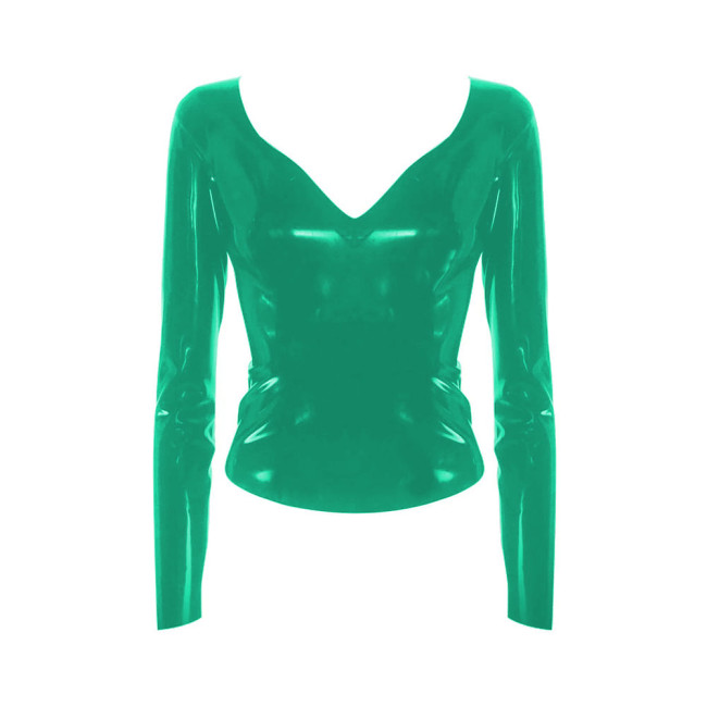 New Women V Neck Bodycon Long Sleeve Shirt Lady Stretch Slim Party Elegant Costume Patent Leather Clubwear Shiny PVC Streetwear