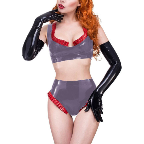 Women Sexy Ruffled Bikini Set PU Leather Bra Crop Top Bodycon Mini shorts Latex Two 2 Piece Sets Fashion Street Party Outfits