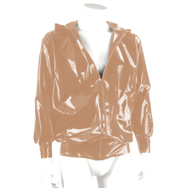 Fashion Wetlook Mens Jacket Coat Long Sleeve Zipper Hoodies Jackets Shiny Patent Leather Streetwear Male Casual Jacket Clubwear
