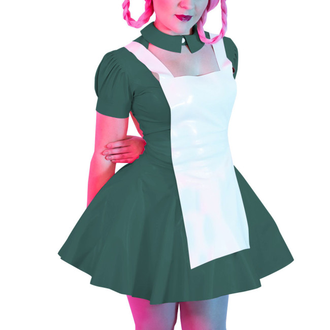 Women Sexy Faux Latex French Maid Dress Cosplay Halloween Sweet Lolita Costume A-line Mini Dress Waitress Clubwear Maidservant