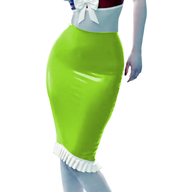 Office Lady Midi Skirt PVC Patent Leather Skinny Pencil Ruffled Skirts Sexy High Waist Women Bodycon Clubwear Streetwear Female
