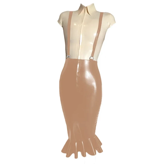 Elegant Women Knee-length Wrap PVC Shiny Skirt Fashion Strap Suspender Bodycon Fishtail Skirts Ladies Slim Fit Mermaid Skirts