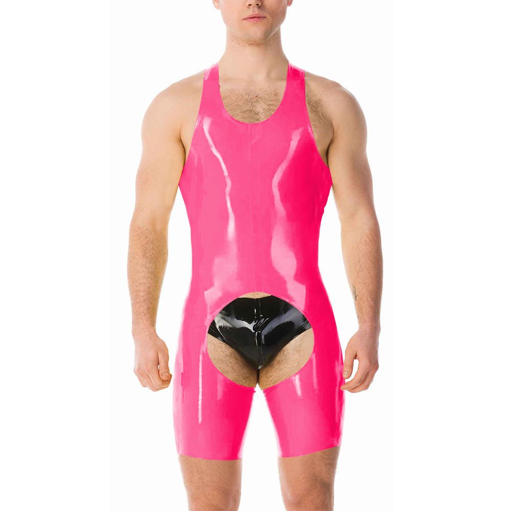 Men Sexy Leather Jumpsuit One Piece Sleepwear Open Crotch Glossy Smooth  Tights Sleeveless Lingerie Solid Color
