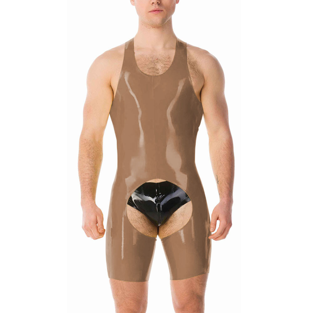 Men Sexy Leather Jumpsuit One Piece Sleepwear Open Crotch Glossy Smooth  Tights Sleeveless Lingerie Solid Color
