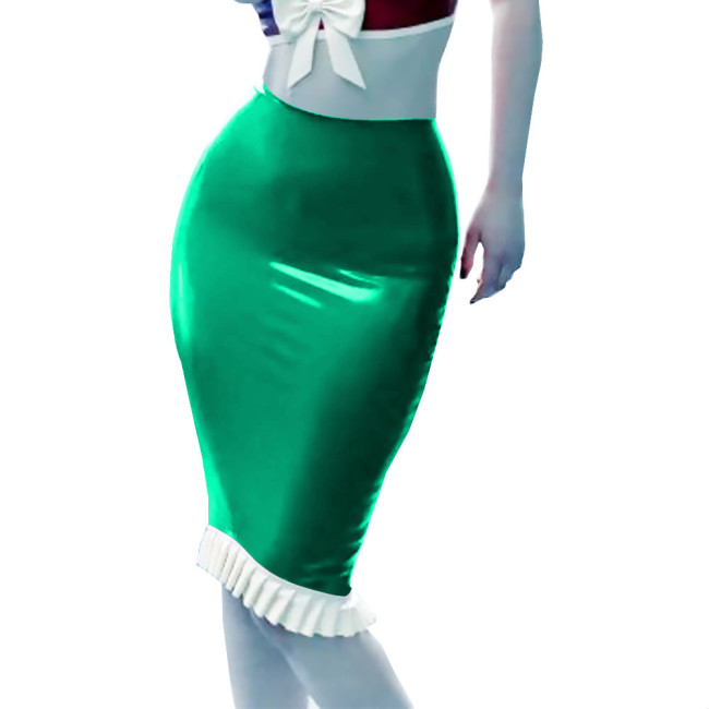 Office Lady Midi Skirt PVC Patent Leather Skinny Pencil Ruffled Skirts Sexy High Waist Women Bodycon Clubwear Streetwear Female