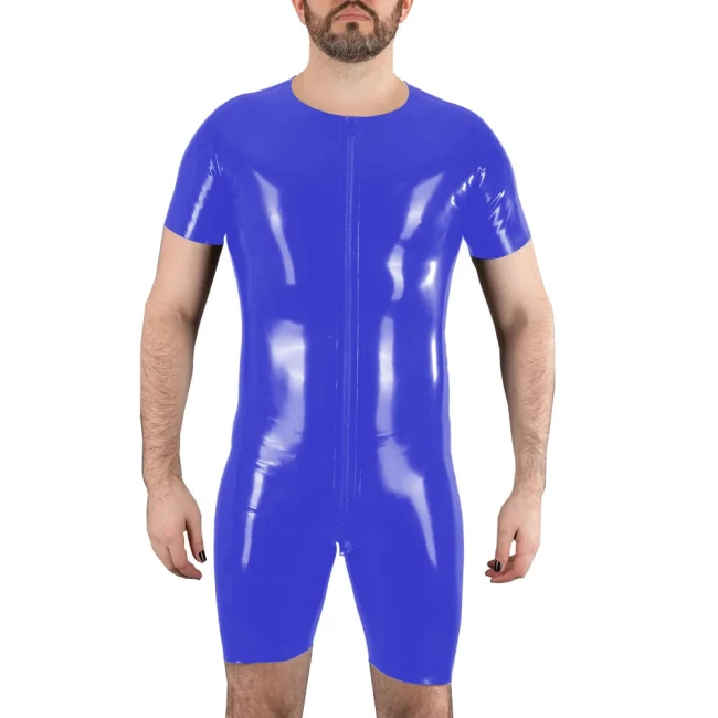 Sexy Mens O-neck Bodysuit Clubwear Short Sleeve Wet Look PVC Leather Zipper Crotch Jumpsuit Rave Costume Pole Dancing Romper