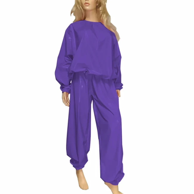 Fashion Casual Pant Sets 2Pcs Wet Look PVC Long Sleeve Top Elasticity Trousers Mens Womens Glossy Gym Workout Set Streetwear