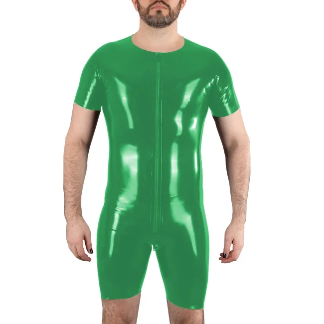 Sexy Mens O-neck Bodysuit Clubwear Short Sleeve Wet Look PVC Leather Zipper Crotch Jumpsuit Rave Costume Pole Dancing Romper