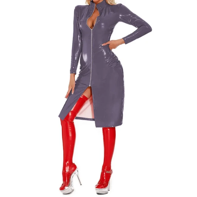 Rave Party Mid Dresses Sexy Club Wetlook Patent Leather Slim Fit Dress Glossy PVC Long Sleeve Knee-length Role-Playing Coats