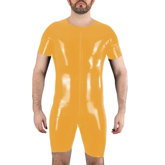 Sexy Mens O-neck Bodysuit Clubwear Short Sleeve Wet Look PVC Leather Zipper Crotch Jumpsuit Rave Costume Pole Dancing Romper