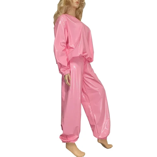 Fashion Casual Pant Sets 2Pcs Wet Look PVC Long Sleeve Top Elasticity Trousers Mens Womens Glossy Gym Workout Set Streetwear