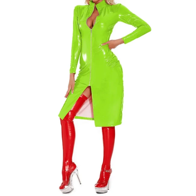 Rave Party Mid Dresses Sexy Club Wetlook Patent Leather Slim Fit Dress Glossy PVC Long Sleeve Knee-length Role-Playing Coats