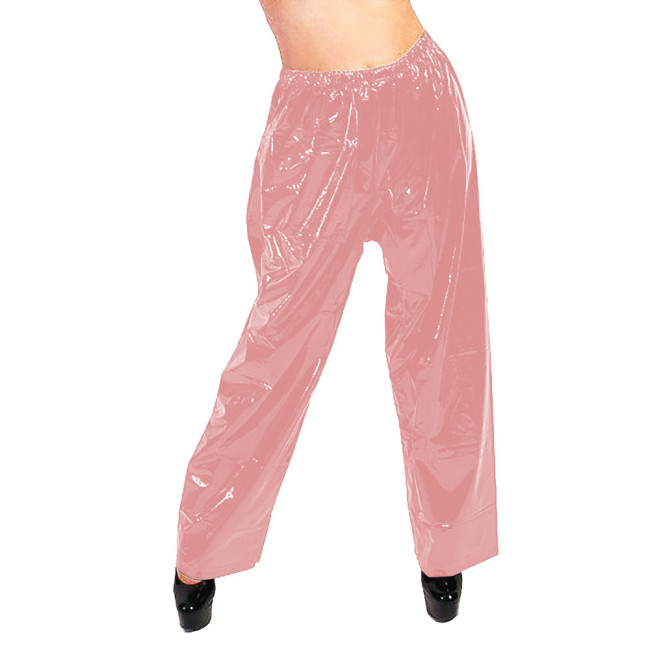 PVC Glossy Leather Wide Leg Pants Fashion High Waist Loose Solid Straight Pants Elastic Waistband Trousers Casual Street Bottoms