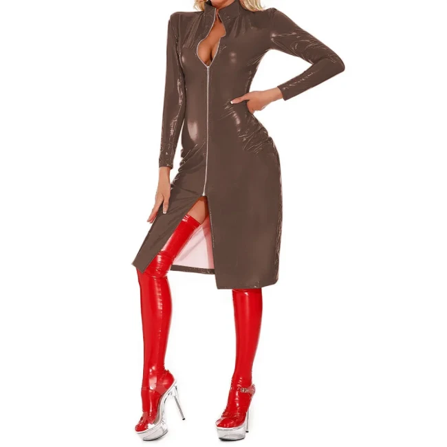Rave Party Mid Dresses Sexy Club Wetlook Patent Leather Slim Fit Dress Glossy PVC Long Sleeve Knee-length Role-Playing Coats