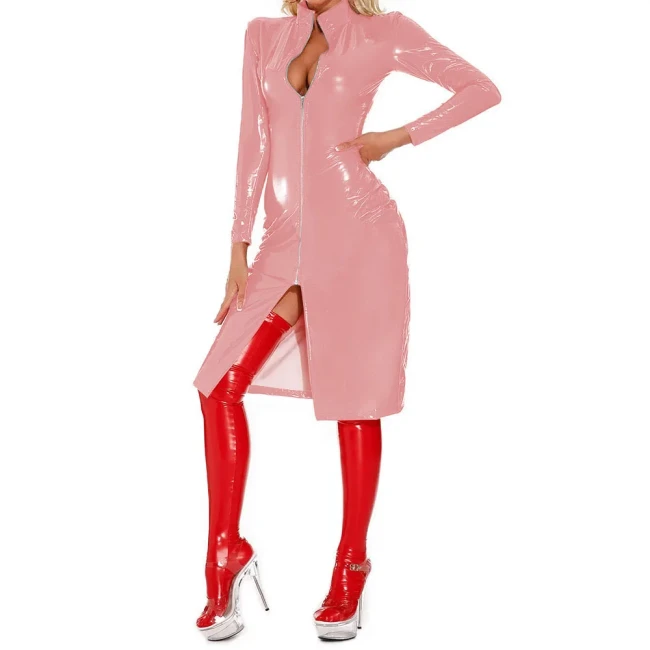 Rave Party Mid Dresses Sexy Club Wetlook Patent Leather Slim Fit Dress Glossy PVC Long Sleeve Knee-length Role-Playing Coats