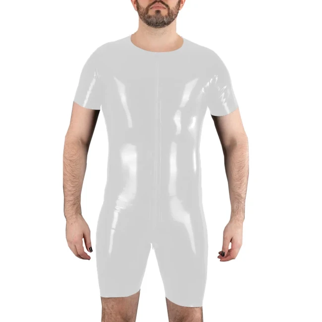 Sexy Mens O-neck Bodysuit Clubwear Short Sleeve Wet Look PVC Leather Zipper Crotch Jumpsuit Rave Costume Pole Dancing Romper