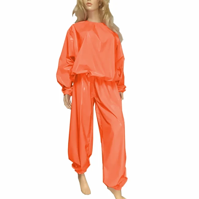 Fashion Casual Pant Sets 2Pcs Wet Look PVC Long Sleeve Top Elasticity Trousers Mens Womens Glossy Gym Workout Set Streetwear