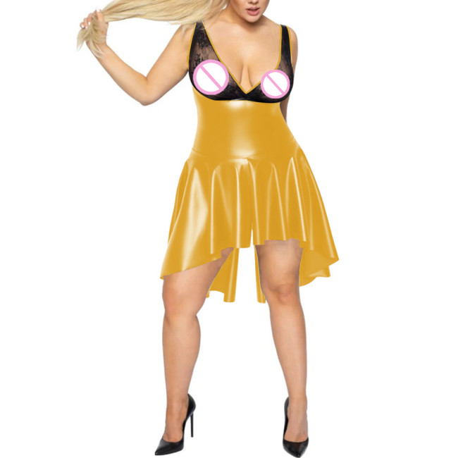 Women's Sexy Nightclub Dress Back High Slit Deep V Neck Pleated Sundresses Exotic PU Leather Sheer Lace A-line Dress Clubwear