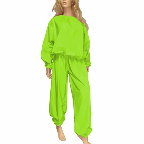 Fashion Casual Pant Sets 2Pcs Wet Look PVC Long Sleeve Top Elasticity Trousers Mens Womens Glossy Gym Workout Set Streetwear