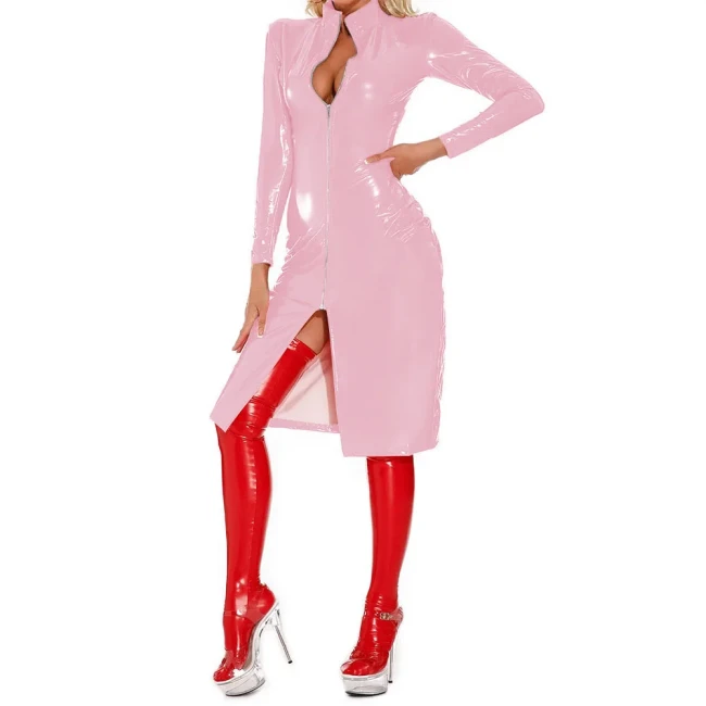 Rave Party Mid Dresses Sexy Club Wetlook Patent Leather Slim Fit Dress Glossy PVC Long Sleeve Knee-length Role-Playing Coats