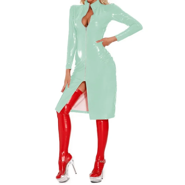 Rave Party Mid Dresses Sexy Club Wetlook Patent Leather Slim Fit Dress Glossy PVC Long Sleeve Knee-length Role-Playing Coats