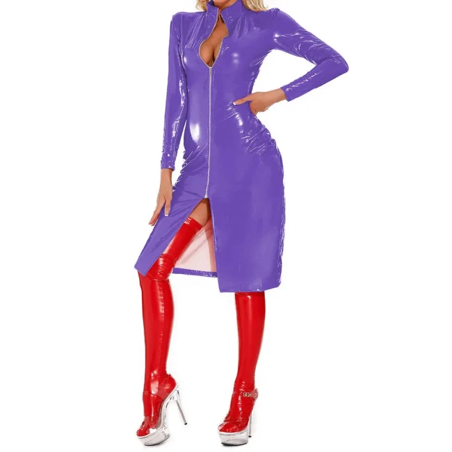 Rave Party Mid Dresses Sexy Club Wetlook Patent Leather Slim Fit Dress Glossy PVC Long Sleeve Knee-length Role-Playing Coats