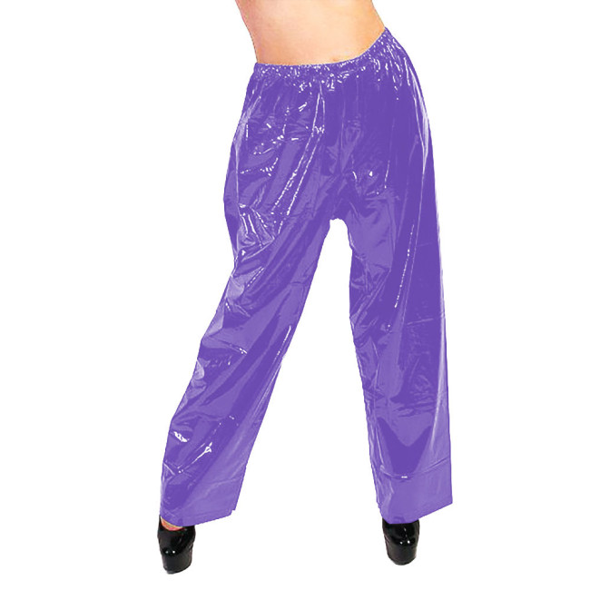 PVC Glossy Leather Wide Leg Pants Fashion High Waist Loose Solid Straight Pants Elastic Waistband Trousers Casual Street Bottoms