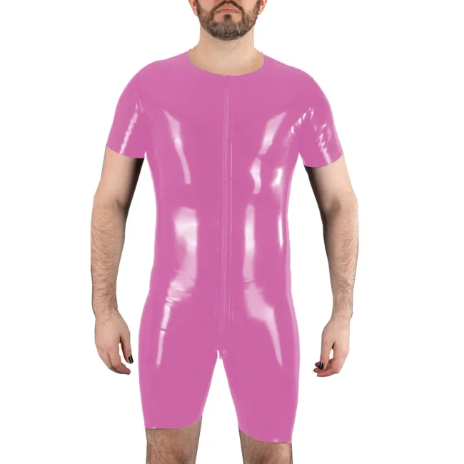 Sexy Mens O-neck Bodysuit Clubwear Short Sleeve Wet Look PVC Leather Zipper Crotch Jumpsuit Rave Costume Pole Dancing Romper