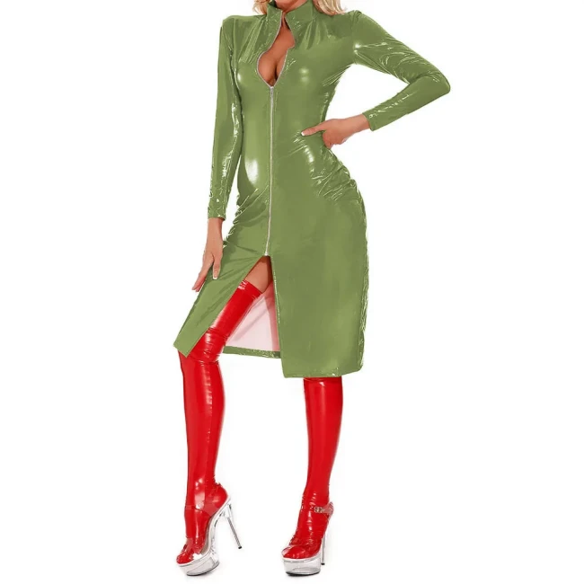 Rave Party Mid Dresses Sexy Club Wetlook Patent Leather Slim Fit Dress Glossy PVC Long Sleeve Knee-length Role-Playing Coats