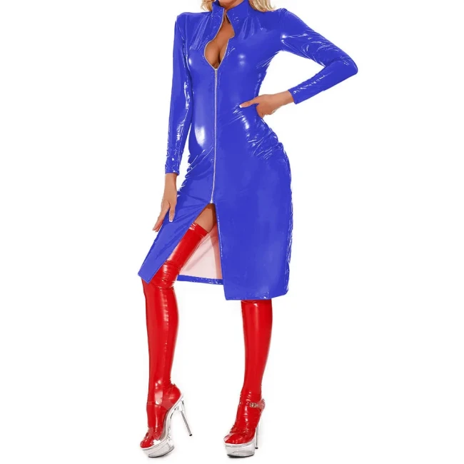 Rave Party Mid Dresses Sexy Club Wetlook Patent Leather Slim Fit Dress Glossy PVC Long Sleeve Knee-length Role-Playing Coats
