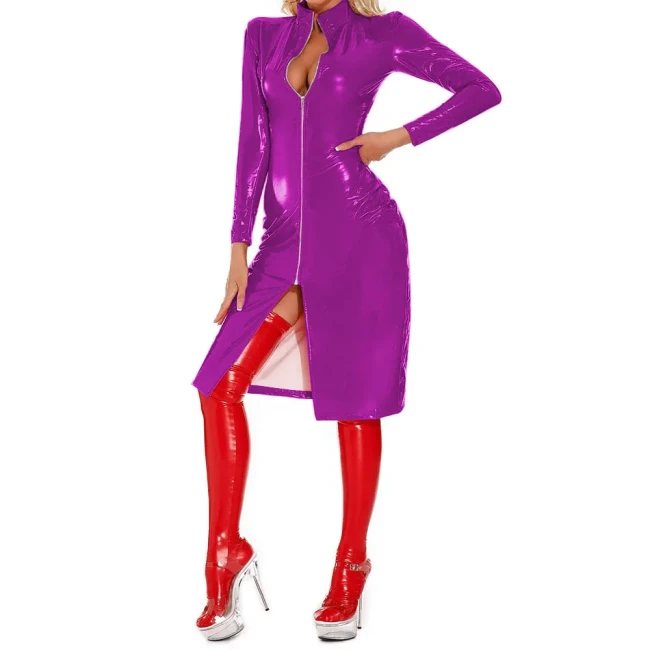 Rave Party Mid Dresses Sexy Club Wetlook Patent Leather Slim Fit Dress Glossy PVC Long Sleeve Knee-length Role-Playing Coats