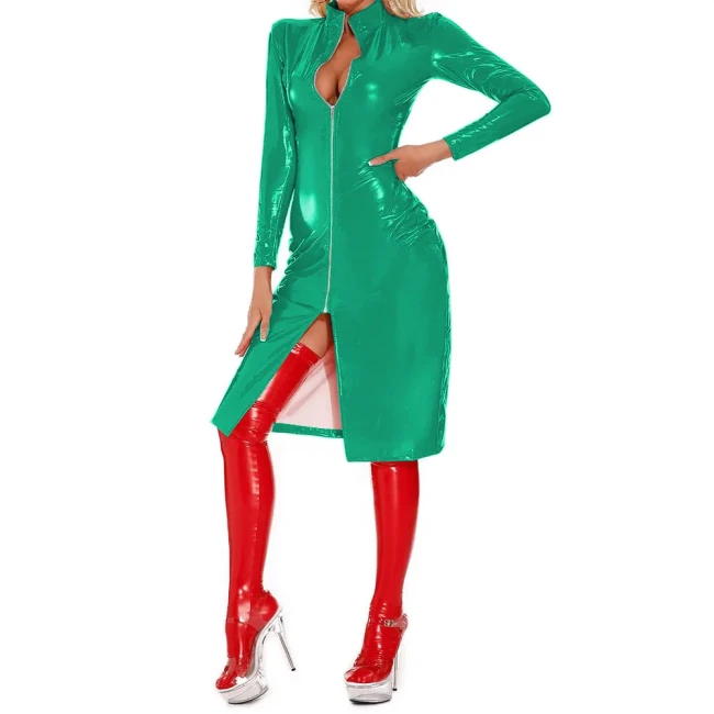 Rave Party Mid Dresses Sexy Club Wetlook Patent Leather Slim Fit Dress Glossy PVC Long Sleeve Knee-length Role-Playing Coats