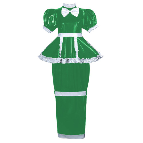 Elegant Bow Cross-dresser Maid Dress Sissy Lockable Maid Long Pencil Dress Wetlook Puff Short Sleeves PVC Leather Hobble Dresses