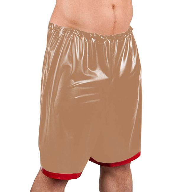 Men Wetlook PVC Leather Knee-length Shorts Elastic Waistband Patchwork Hot Pants Glossy Boxer Shorts Exotic Nightclub Bottoms