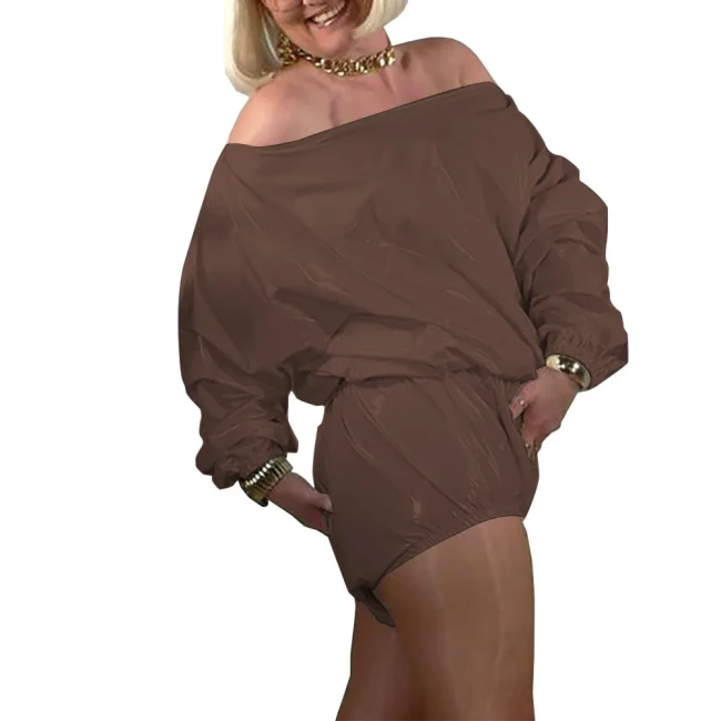 Sissy Sexy Off Shoulder Slash Neck Jumpsuits Party Glossy Puff Longs Sleeve PVC Leather Short Rompers Elastic Waist Playsuits